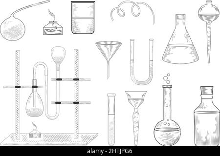 Esquisse d'une expérience et d'un équipement de laboratoire de physique ou de chimie. Flacons, béchers et tubes à essai en verre pharmaceutique Vector, anciens styles de gravure Illustration de Vecteur