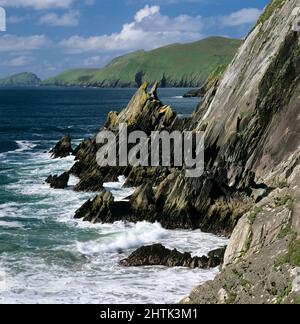 Vue de Slea Head le long de la côte sauvage jusqu'à Great Blasket Island, Dingle Peninsula, comté de Kerry, Irlande Banque D'Images