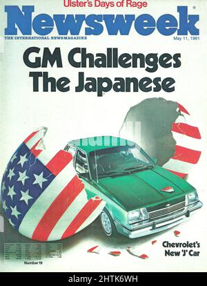 Couverture de la semaine de presse 11 mai 1981 GM défie le jour de rage de la nouvelle voiture J japonaise de Chevrolet Banque D'Images