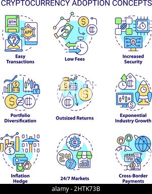 Ensemble d'icônes de concept d'adoption de crypto-monnaie Illustration de Vecteur