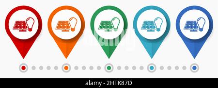 Solaire, énergie photovoltaïque concept vecteur jeu d'icônes, conception plate pointeurs renouvelables, modèle d'infographie facile à éditer Illustration de Vecteur