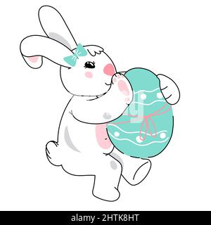 Lapin de Pâques transportant des œufs. Mignon adorable lapin ou lapin pour carte de Pâques ou invitations, imprimés Doodle style kawaii illustration vectorielle isolée blanc Illustration de Vecteur
