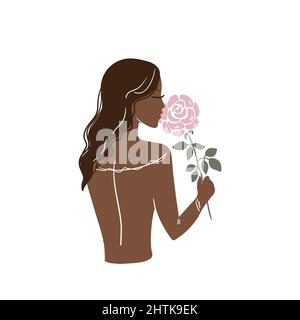 Belle femme de style boho avec une rose avec son dos. Illustration vectorielle de stock isolée sur fond blanc. Illustration de Vecteur