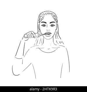 Belle jeune femme se brossant les dents avec une brosse à dents électrique. Illustration vectorielle de stock isolée sur fond blanc. Illustration de Vecteur