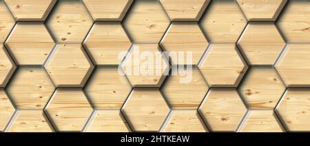 3D hexagone en bois. Matériau bois brun. Texture réaliste sans couture de haute qualité. Banque D'Images