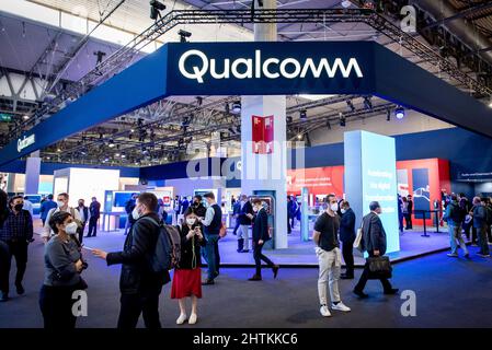 QUALCOMM au pavillon de l'entreprise lors du GSMA Mobile World Congress 2022 à Barcelone, l'événement le plus important au monde sur les appareils mobiles Banque D'Images