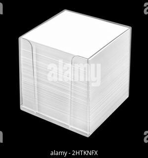 Boîte de bloc-notes transparente avec papier vierge sur fond noir Banque D'Images