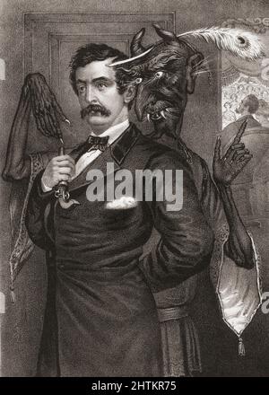 Satan tentant stand au meurtre du président. D'un imprimé daté de 1865 par un artiste non identifié. Après l'assassinat du président Abraham Lincoln par John Wilkes Booth le 14 avril 1865, une effusion de chagrin a défait la nation, avec la presse et le public cherchant des réponses au raisonnement de Booth pour le meurtre. C'était l'un d'entre eux. Banque D'Images