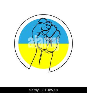 Ukraine lutte icône, signe . La guerre en Ukraine. Faites un geste de la main vers le haut. Illustration vectorielle d'un dessin en ligne continue d'un bras plié dans un poing avec Illustration de Vecteur