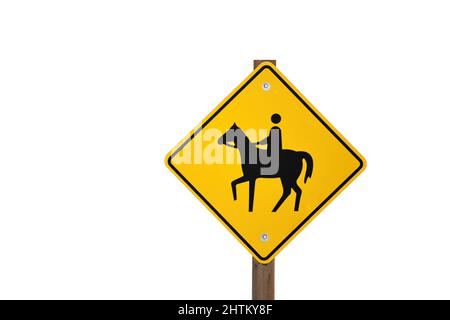 Avertissement jaune cheval Rider Riding Sign isolé contre un fond blanc Banque D'Images