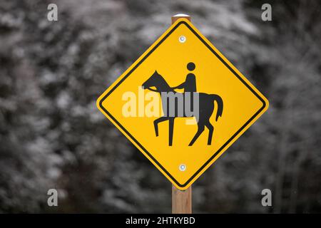 Jaune attention Horse Riding signe dans un cadre rural en hiver isolé contre une forêt de neige Banque D'Images