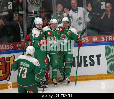 Angelholm, Suède 01 mars 2022. Rogle célèbre le but av de Daniel Zaar (372, au milieu) lors du match final de la Ligue de hockey des champions entre Rogle BK et Tappara Tampere à la Catena Arena à Angelholm, en Suède, le 01 mars 2022. Foto: Anders Bjuro / TT / Kod 11830 Banque D'Images