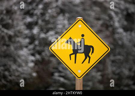 Jaune attention Horse Riding signe dans un cadre rural en hiver isolé contre une forêt de neige Banque D'Images