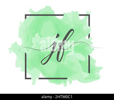 Les lettres minuscules calligraphiques J et F sont écrites en ligne continue sur un arrière-plan coloré dans un cadre. Illustration de Vecteur