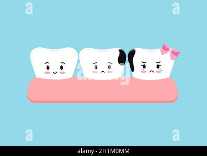 Dents mignonnes avec pourriture proximale dans la salle de gym icône de caractère dentaire isolée sur fond bleu. Illustration de Vecteur