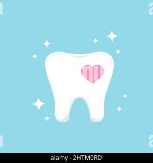 Dent avec coeur et icône dentaire étincelante isolée sur fond bleu. Illustration de Vecteur