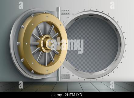 Coffre-fort composition réaliste avec vue de l'entrée de stockage sécurisée avec illustration vectorielle de porte de verrouillage en forme de cercle massive Illustration de Vecteur