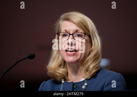 Heather Conley, présidente du Fonds Marshall allemand des États-Unis, comparaît devant une audience du Comité sénatorial des services armés pour examiner les défis et la stratégie de sécurité mondiale, dans l'édifice Dirksen du Bureau du Sénat à Washington, DC, le mardi 1 mars 2022. Crédit : Rod Lamkey/CNP Banque D'Images