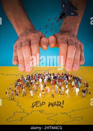 Arrêtez la guerre contre l'Ukraine. Drapeau de l'Ukraine et concept du peuple ukrainien. Priez pour la paix en Ukraine. Sauver l'Ukraine de la Russie et de l'attaque russe. Protéger Banque D'Images
