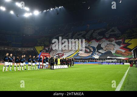 Milan, Italie. 01st mars 2022. Chorégraphie de Milan lors du match de football demi-finale de la coupe d'Italie entre l'AC Milan et le FC Internazionale au stade San Siro de Milan (Italie), le 1st mars 2022. Photo Andrea Staccioli/Insidefoto crédit: Insidefoto srl/Alamy Live News Banque D'Images