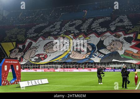 Milan, Italie. 01st mars 2022. Chorégraphie de Milan lors du match de football demi-finale de la coupe d'Italie entre l'AC Milan et le FC Internazionale au stade San Siro de Milan (Italie), le 1st mars 2022. Photo Andrea Staccioli/Insidefoto crédit: Insidefoto srl/Alamy Live News Banque D'Images