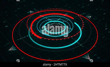 Animation abstraite 3d au néon brillant d'un graphique circulaire avec des chiffres ressemblant à une boussole moderne qui tourne sur fond sombre.L'avenir et l'innovation con Banque D'Images