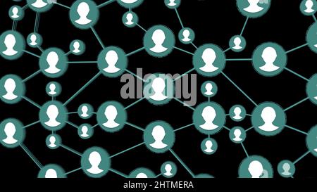 Animation de connexion sociale.Icônes de personnes liées à un groupe sur fond noir. Banque D'Images