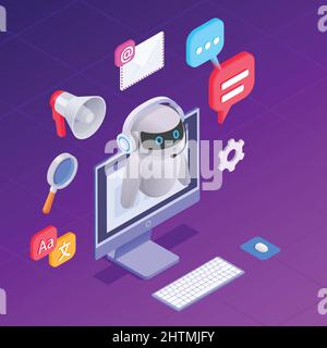 Composition de Chatbot Messenger avec symboles de support technique illustration vectorielle isométrique Illustration de Vecteur