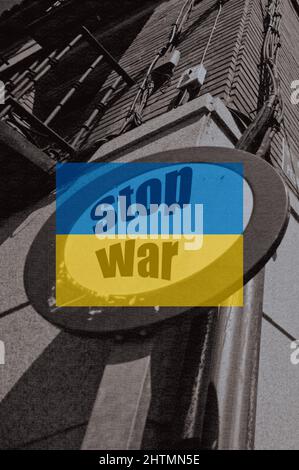 Illustration photo originale et créative Stop the War avec drapeau ukrainien Banque D'Images