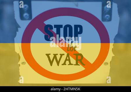 Illustration photo originale et créative Stop the War avec drapeau ukrainien Banque D'Images