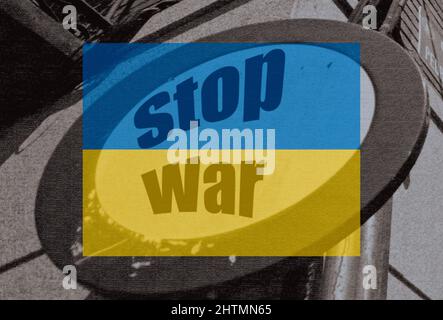 Illustration photo originale et créative Stop the War avec drapeau ukrainien Banque D'Images