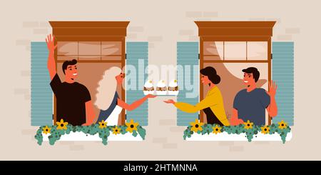 Les voisins dans les fenêtres saluant les uns les autres et un couple aidant un autre à cupcakes illustration vectorielle plate Illustration de Vecteur
