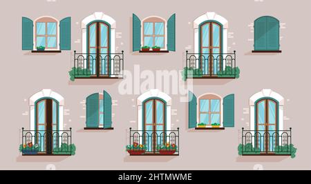 Fenêtres vitrées et balcons sur la façade grise de la maison illustration vectorielle plate Illustration de Vecteur