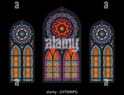 Vitraux mosaïque colorée cathédrale fenêtres sur fond sombre église gothique belle vue intérieure nuages illustration vectorielle Illustration de Vecteur