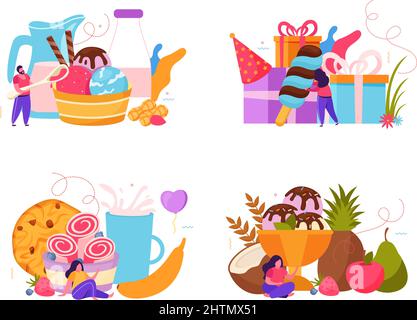 Ensemble de quatre compositions plates avec bar à crème glacée ramasse des boîtes-cadeaux de boissons aux fruits et autres cadeaux de vacances illustration vectorielle isolée Illustration de Vecteur