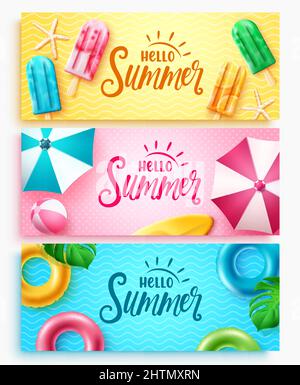 Ensemble de cartes de vœux pour l'été. Hello Summer text collection colorée avec éléments de popsicle, parapluie et floater pour bannière de saison tropicale. Illustration de Vecteur