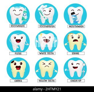 Motif Emoji tooth vector. Émoticone dents émoticône dans l'état de santé dentaire et l'instruction avec cute kawaii visages pour les émoticônes de soins buccaux. Illustration de Vecteur