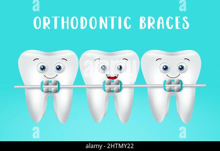 Support dentaire motif vecteur emoji. Orthodontiques orthodontiques avec 3D oemjis dents dans les visages heureux réaction pour les soins de santé bucco-dentaires mascotte personnage d'émoticône. Illustration de Vecteur
