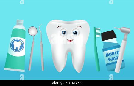 Santé dentaire emoji vecteur conception. Dents et outils de dentiste éléments de dentifrice, bain de bouche et miroir avec mascotte happy emoji pour la santé bucco-dentaire propre. Illustration de Vecteur