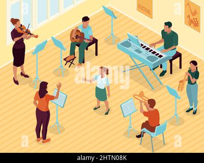 Cours intermédiaire avancé de guitare de piano chant solfeggio théorie de la musique cours professionnel musiciens éducation composition isométrique vecteur illustr Illustration de Vecteur