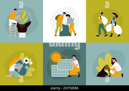 Concept de conception plate écologique avec des personnes plantant des arbres collectant des déchets à l'aide de panneaux solaires illustration vectorielle isolée Illustration de Vecteur