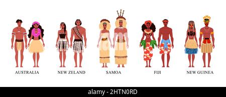 Les gens des pays d'océanie portant des vêtements nationaux plates icônes ensemble isolé sur fond blanc illustration vectorielle Illustration de Vecteur