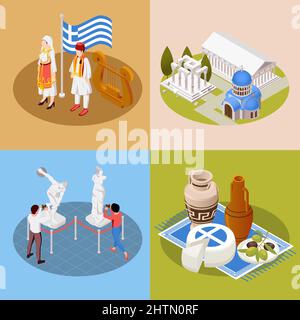 Grèce monuments culturels attractions touristiques 4 contexte compositions isométriques costume national drapeau cuisine acropolis musée illustration vectorielle Illustration de Vecteur