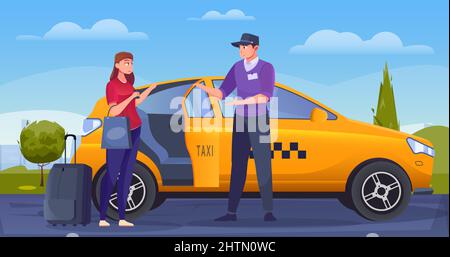 Une femme avec des sacs est assise sur le siège passager d'une illustration vectorielle plate de taxi Illustration de Vecteur