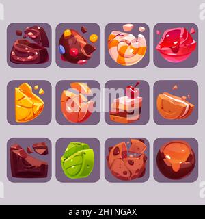 Des icônes de jeu de bonbons brisés caricatures écrasées de bonbons avec des morsures et des crumbles. Truffe au chocolat, praline, caramel, sucettes, caramel mou, caramel mou, gâteau, beignet, biscuit sandwich et tranche de citron, ensemble d'éléments vecteur ui Illustration de Vecteur