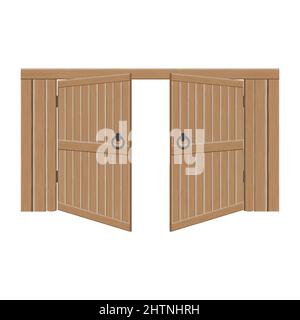 Anciennes portes ouvertes massives en bois, illustration vectorielle. Double porte avec poignées et charnières en fer. Illustration de Vecteur