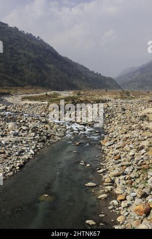 ruisseau de montagne (rivière de balason) descendant vers la plaine gangetic depuis les contreforts de l'himalaya dans la région terai de l'ouest du bengal, inde Banque D'Images