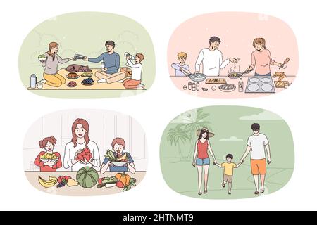 Une collection de parents souriants et de petits enfants s'amusent et se détendent le week-end ensemble. Ensemble de jeunes familles heureux avec les enfants de repos passer du temps de loisirs à cuisiner. Planification familiale. Illustration vectorielle. Illustration de Vecteur