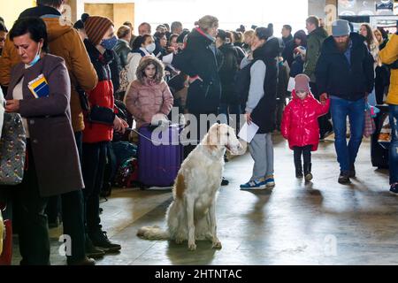 Non exclusif: RÉGION DE ZAKARPATTIA, UKRAINE - 01 MARS 2022 - les réfugiés ukrainiens attendent un train d'évacuation vers la République tchèque, Chop, Zakarpattia Banque D'Images