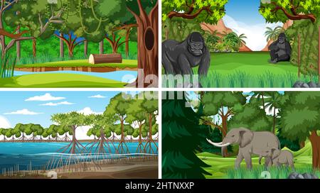Quatre scènes avec des animaux sauvages dans l'illustration de la forêt Illustration de Vecteur